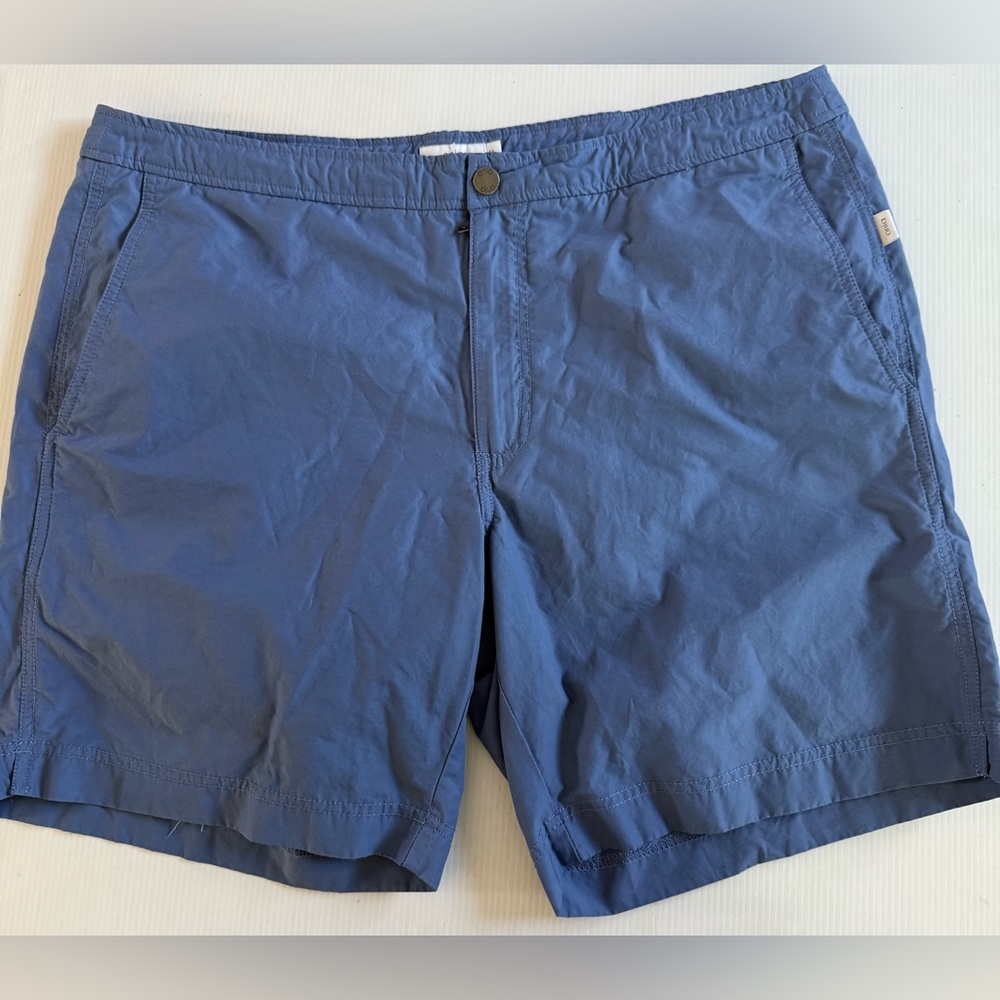 Onia Calder Mens Swim Shorts 38 Blue Solid Lined Drawstring Hybrid